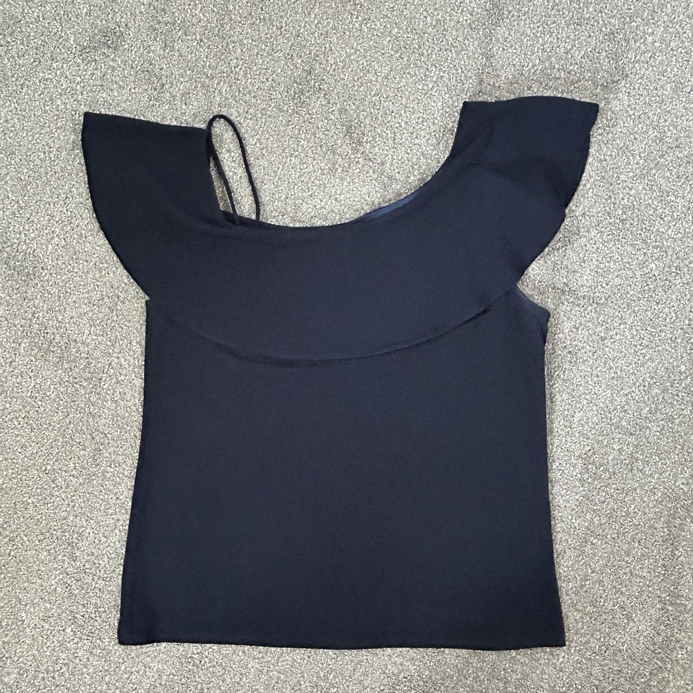 Banana Republic XL Navy Flutter Overlay Blouse Short Sleeve Stretch Top - Picture 6 of 10